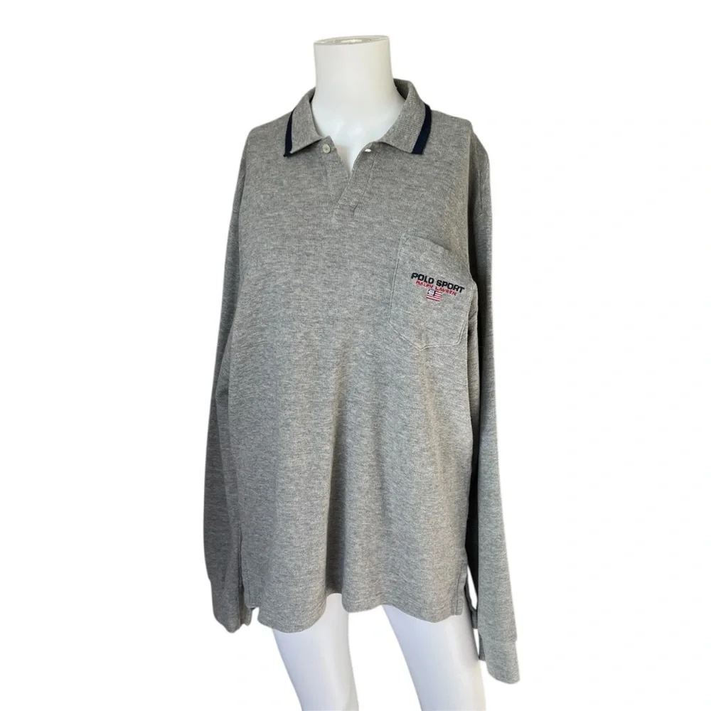 Vintage Polo Sport Ralph Lauren Gray Long Sleeve Polo Embroidered Size Medium M